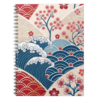 Caderno Espiral Traditional Red Blue Japanese Wave Sakura Pattern