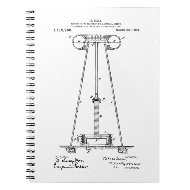 Caderno Espiral Transmissão Pantent US1119732 da energia de Nikola (Frente)