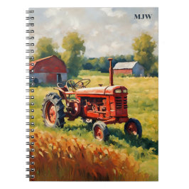 Caderno Espiral Trator Vermelho Vintage Monograma Rústico Retro Fa