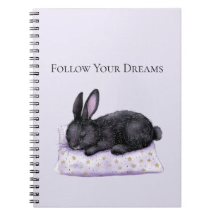 Caderno Espiral Travesseiro Lavanda Estrelas Douradas Coelho Preto