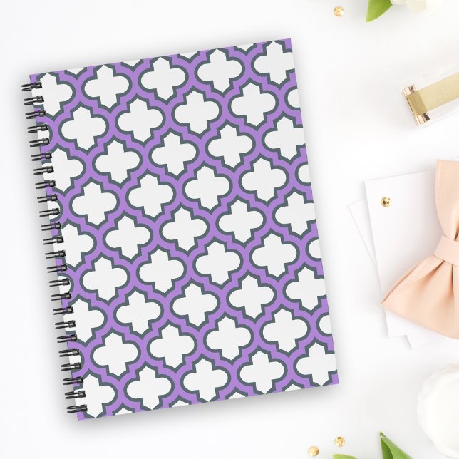 Caderno Espiral Trellis branca e roxa, lete, quatrefoil (Criador carregado)