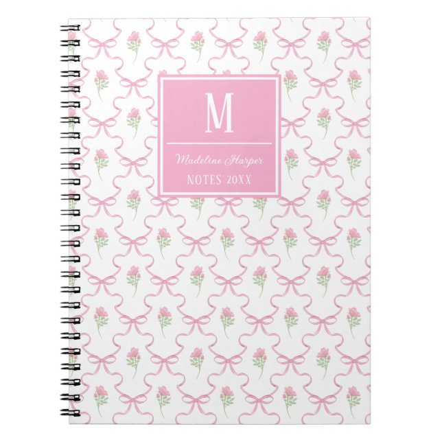 Caderno Espiral Trellis de fita rosa com pré-disquete com monogram (Frente)