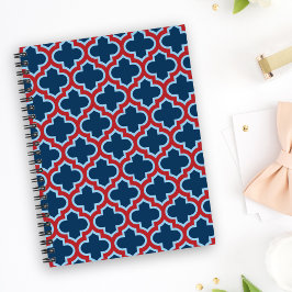 Caderno Espiral Trellis, Latice, Quatrefoil, azul e vermelho marro