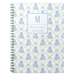 Caderno Espiral Trellis Préppy com Laço de Hortênsias Azuis e Verd