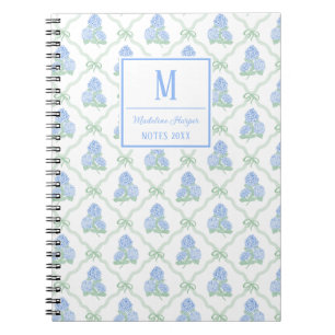 Caderno Espiral Trellis Préppy com Laço de Hortênsias Azuis e Verd