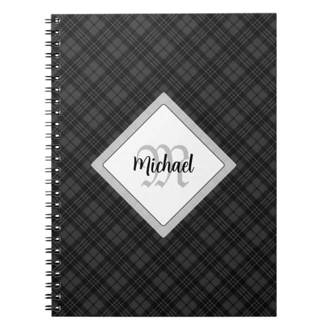 Caderno Espiral Trendy Black White Tartan Personalize Monograma (Frente)