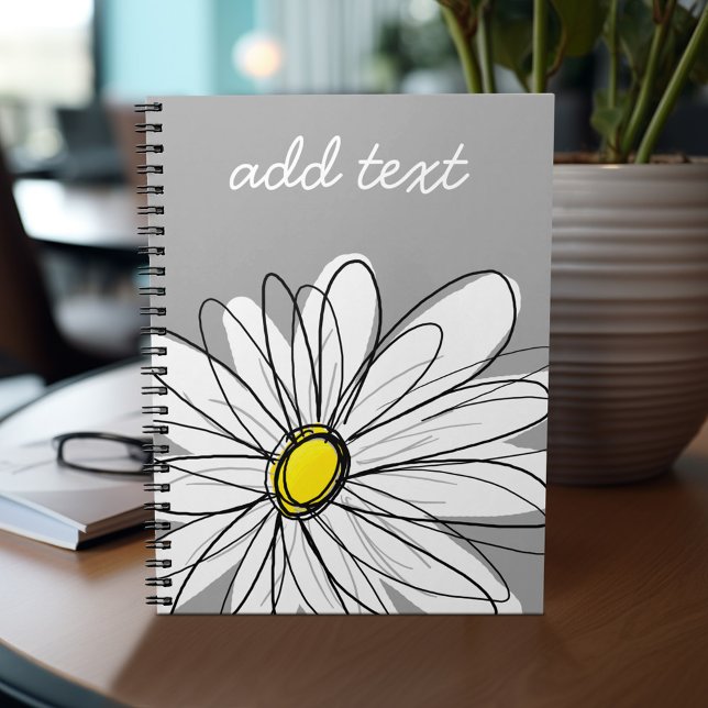 Caderno Espiral Trendy Daisy com cinza e amarelo (Personalized notebook - add your name or other text)