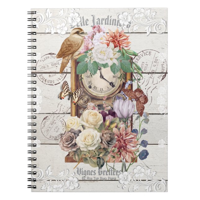 Caderno Espiral Trendy rustic antique clock French artwork Stamps (Frente)