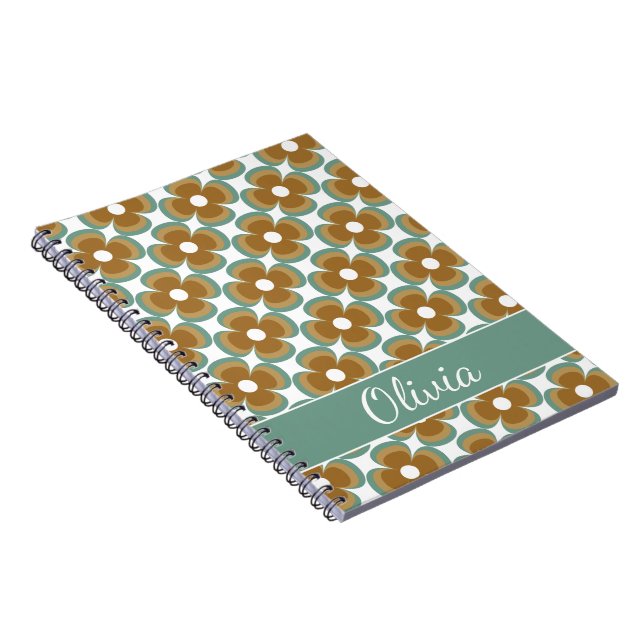 Caderno Espiral Trendy Teal Caramel Retro Groovy Flowers Seamless (Lado Direito)