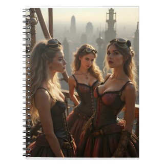 Caderno Espiral Três mulheres Steampunk ficam em cima de uma cidad