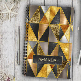 Caderno Espiral Triângulos geométricos de prata preta de ouro eleg