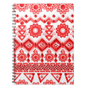 Caderno Espiral Tribal vermelho, padrão étnico de aquarela.