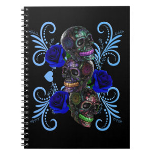 Caderno Espiral Triple Black Day Of The Dead Skulls Blue Roses