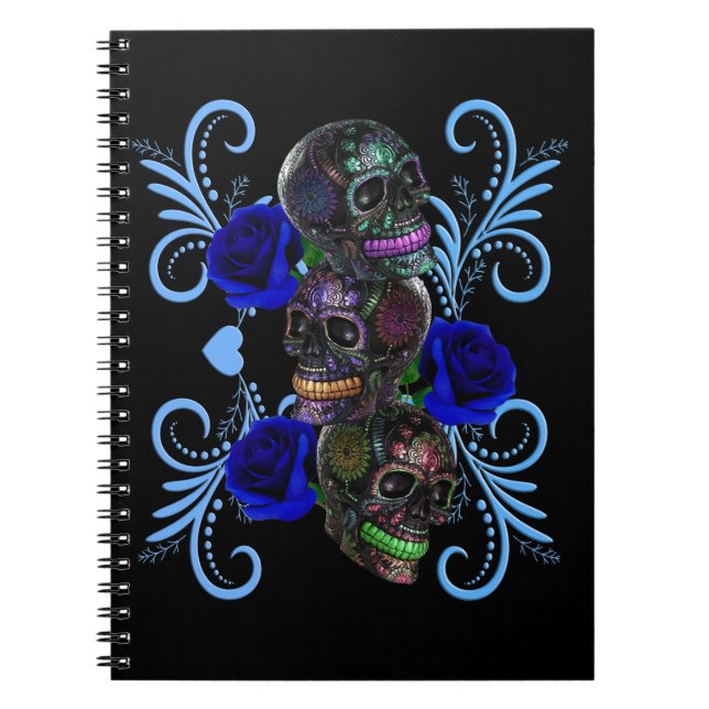 Caderno Espiral Triple Black Day Of The Dead Skulls Blue Roses (Frente)