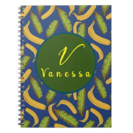 Caderno Espiral Tropical Banana Folha Azul Monograma Script 