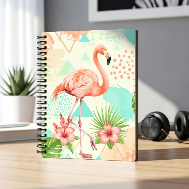 Caderno Espiral Tropical Flamingo Watercolor & Geometric Pattern (Criador carregado)