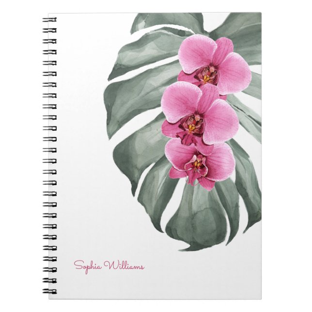 Caderno Espiral Tropical Floral de Orquídeas Rosa Quente com Seu N (Frente)