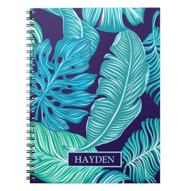 Caderno Espiral Tropical Green Blue Leaves Pattern Personalised (Frente)