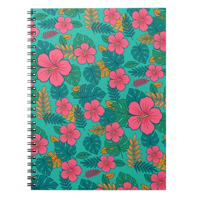 Caderno Espiral Tropical Hibiscus and Palm Leaf Pattern  (Frente)