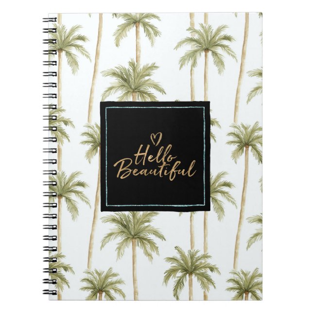 Caderno Espiral Tropical Palm Trees Mint Black Hello Beautiful (Frente)