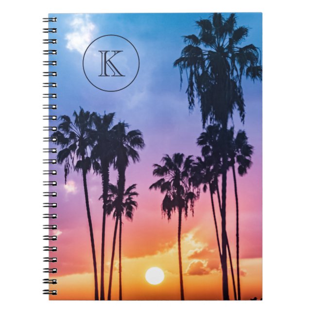 Caderno Espiral Tropical Rainbow Color Palm Tree Sunset Monograma (Frente)