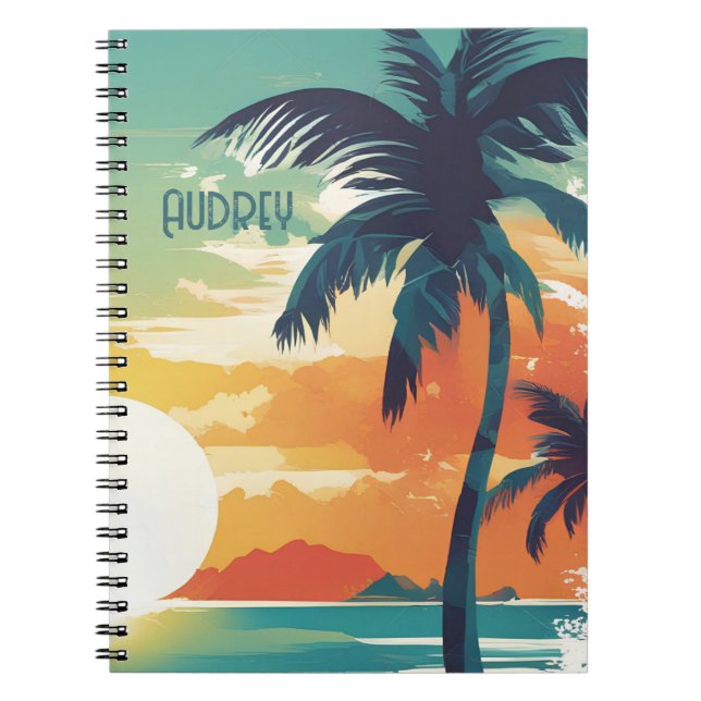 Caderno Espiral Tropical Sunset and Palm Tree Beach Aesthetic (Frente)