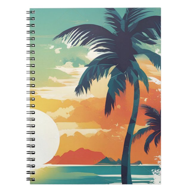 Caderno Espiral Tropical Sunset and Palm Tree Beach Aesthetic (Frente)