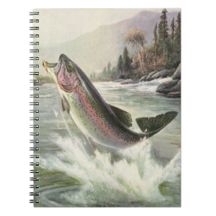 Caderno Espiral Truta Arco-Íris Vintage, Pescador Pescando