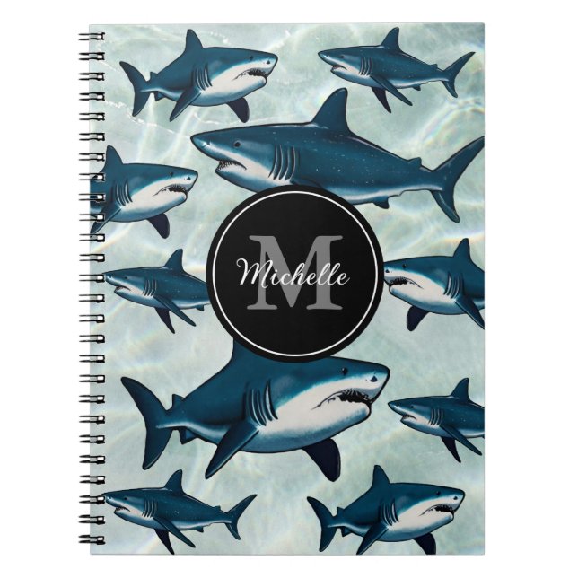 Caderno Espiral Tubarão branco azul elegante Monograma Personaliza (Frente)