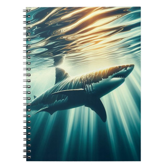 Caderno Espiral Tubarão no mar azul profundo e luz solar (Frente)