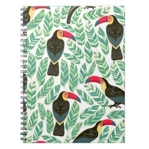 Caderno Espiral Tucanos, folhas tropicais, padrão decorativo.