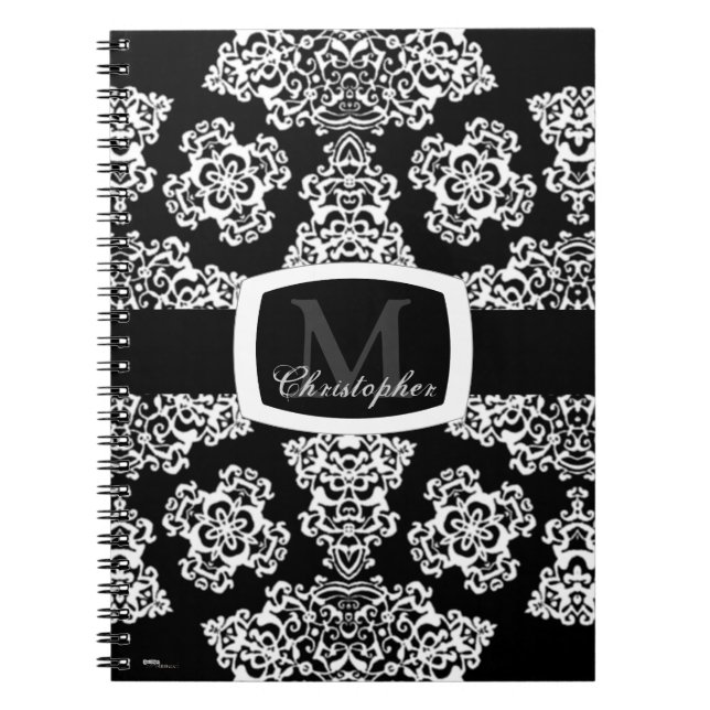 Caderno Espiral Tudor Rosa Damask (Branco) (Monograma) (Frente)