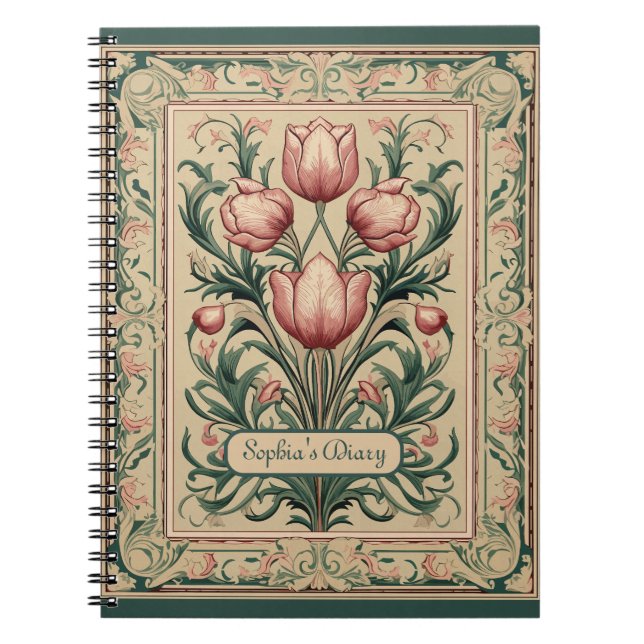 Caderno Espiral Tulip Flowers Emerald Ornament Medieval (Frente)
