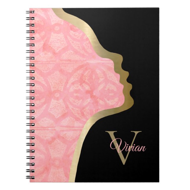 Caderno Espiral Tulip Rosa Preto E Dourado Nome Do Monograma Nob (Frente)