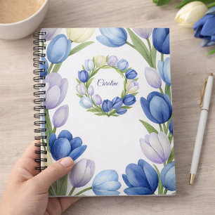 Caderno Espiral Tulipa Floral Elegante em Aquarela Azul para Ela