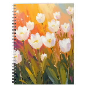 Caderno Espiral Tulipas Brancas Aquarela Pintura de Campo de Flore