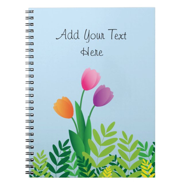 Caderno Espiral Tulipas coloridas e vegetação verde (Frente)