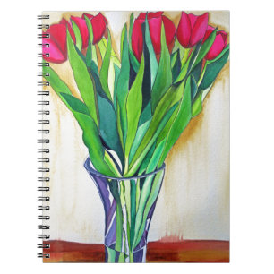 Caderno Espiral Tulipas cor-de-água rosa e vermelha