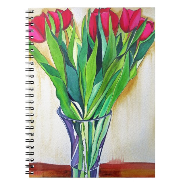 Caderno Espiral tulipas cor-de-água rosa e vermelha (Frente)