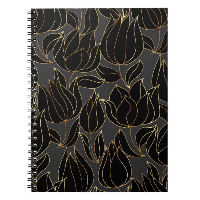 Caderno Espiral Tulipas Douradas Pretas: Padrão Floral de Luxo (Frente)