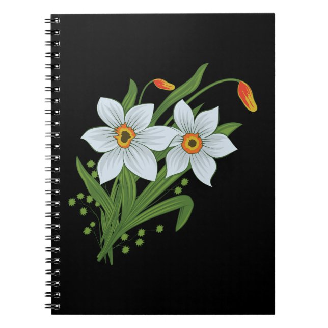 Caderno Espiral Tulipas e Narcisos Flores Fundo Preto (Frente)