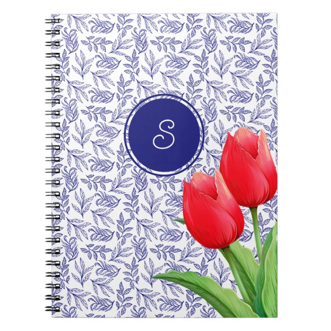 Caderno Espiral Tulipas Vermelhas Elegantes Floral de Primavera Mo (Frente)