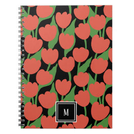Caderno Espiral Tulipas vermelhas retro, monograma personalizado