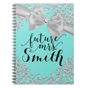 Caderno Espiral Turquesa Azul Branco Laço Diamante Brilho Futura S