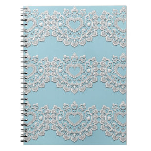Caderno Espiral Turquesa Azul Branco Renda Coração Casamento Noiva