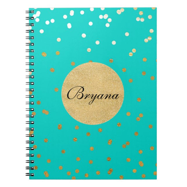 Caderno Espiral Turquesa Azul e Dourado Confetes Pontos Brilhantes (Frente)