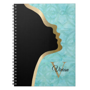 Caderno Espiral Turquesa Blue Batik Black E Dourado Face Name