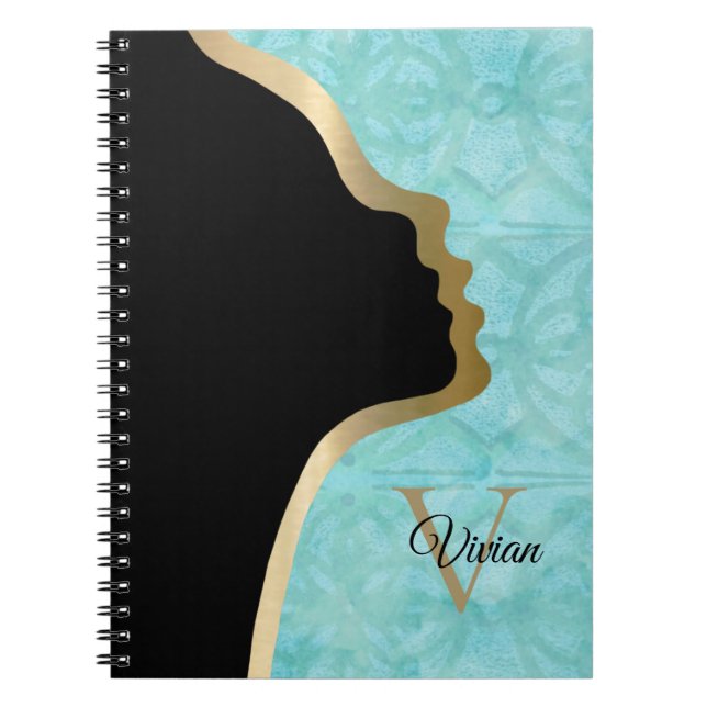 Caderno Espiral Turquesa Blue Batik Black E Dourado Face Name (Frente)