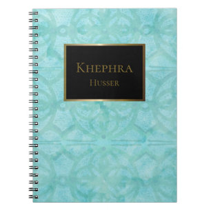 Caderno Espiral Turquesa Blue Watercolor Black E Dourado Name