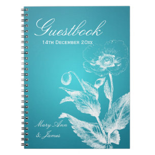 Caderno Espiral Turquesa da papoila do Guestbook do casamento